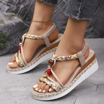 Sandalias de Cuña de Mujer – Espadrilles Boho Trenzadas Cuentas y Strass