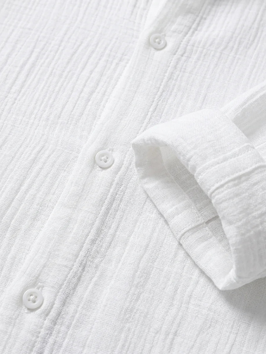 Momount Men Waffle Linen Shirt – Long Sleeve Button Up Textured Casual - White - detail