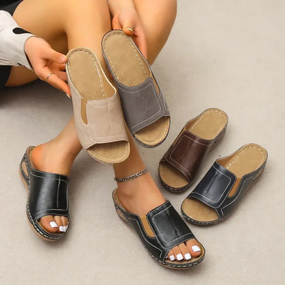 Sandalias Ortopédicas de Mujer – Cuero Punta Abierta Cuña Baja Walking