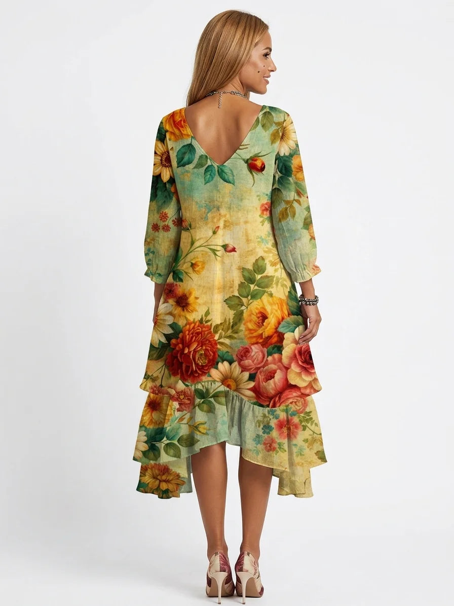 Ivy Boho Midi Dress | Floral Print, Tiered Skirt, 3/4 Sleeve - Yellow - back