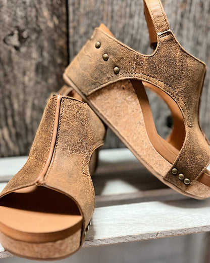 Sandalias de Cuña de Mujer – Cuero Envejecido Plataforma Corcho Slingback