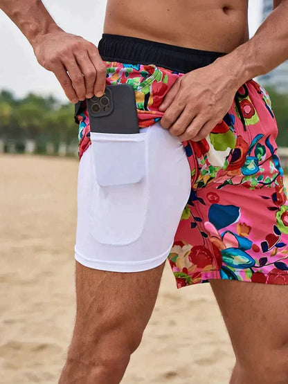 Bañadores de Hombre – Bañador Azul Marino con Estampado de Palmeras y Forro de Malla