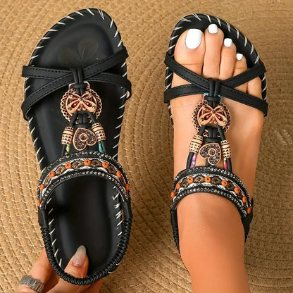 Sandalias Slingback de Mujer – Planas Boho Verde Azulado con Cuentas y Strass