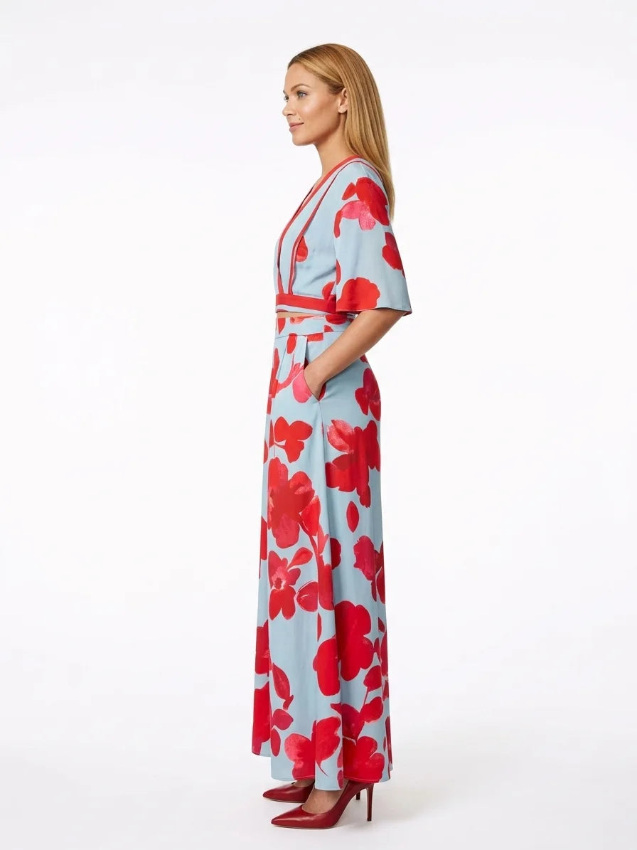 Elena Floral Wrap Maxi Dress | V-Neck, Summer Elegance - Blue & Red - side