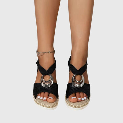 Sandalias de Cuña de Mujer – Espadrilles Rosa Empolvado Tiras Metalizadas
