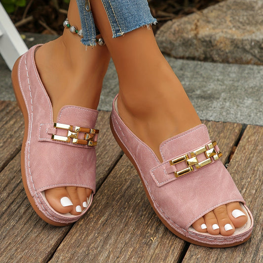 Sandalias Slide de Mujer – Ante Detalle Cadena Dorada Cuña Baja