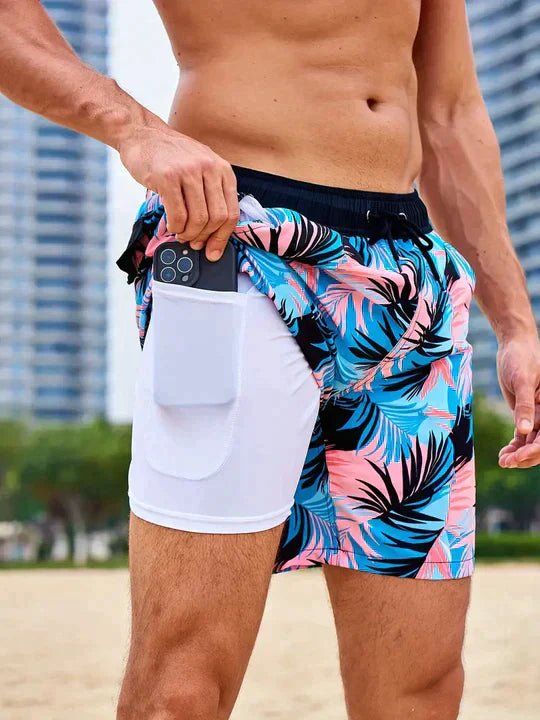 Bañadores de Hombre – Bañador Deportivo Azul Marino con Forro de Compresión y Estampado de Palmeras