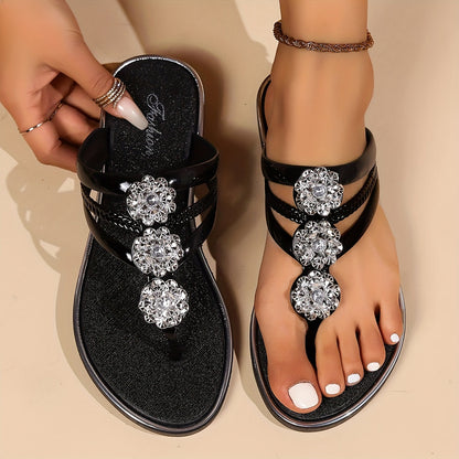 Women's Rhinestone Flat Sandals – T-Strap Dressy Slip-On