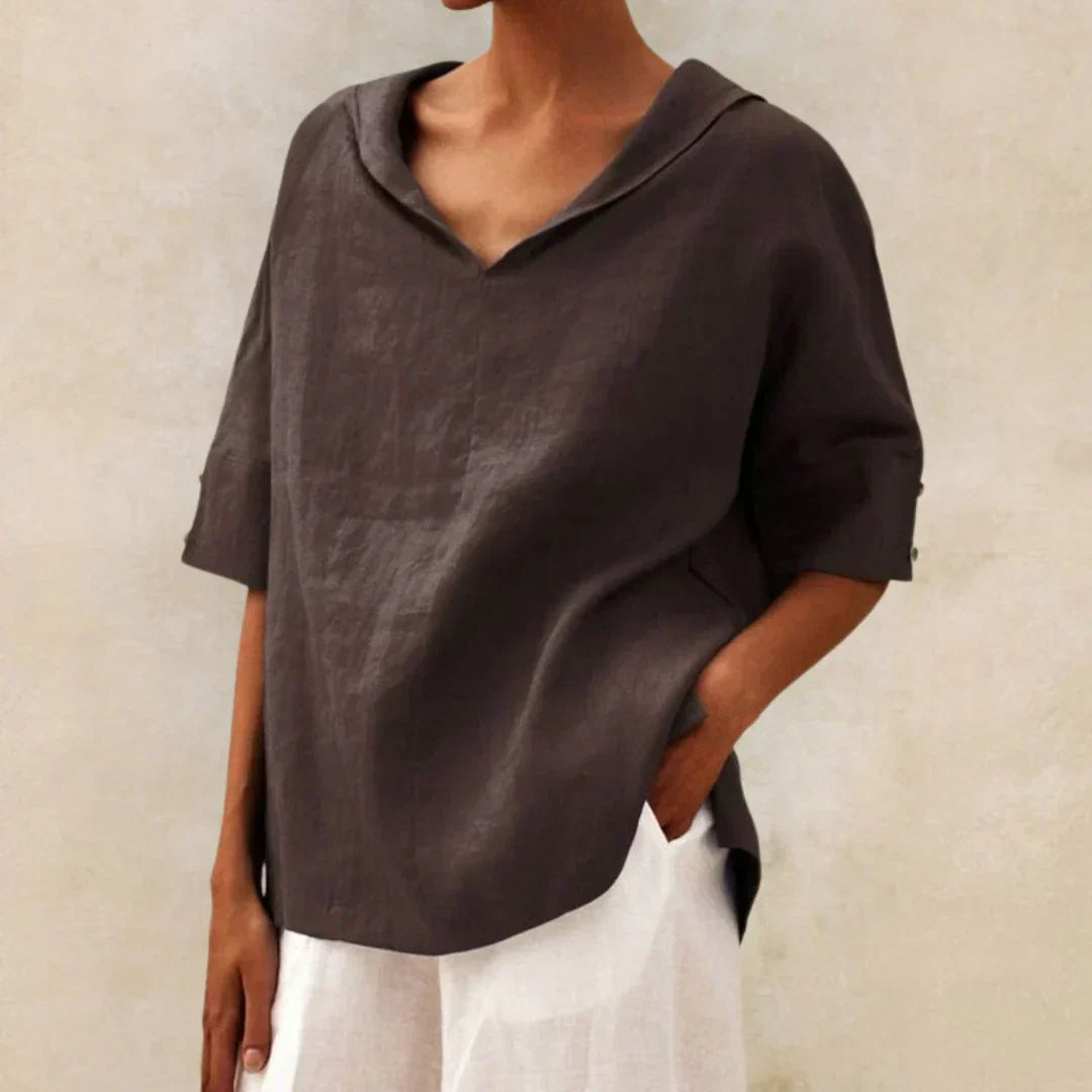 Camisa de Lino de Mujer Momount – Cuello en V con Solapa Oversize de Verano