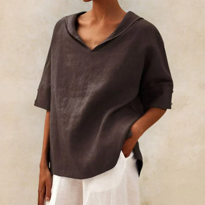 Camisa de Lino de Mujer Momount – Cuello en V con Solapa Oversize de Verano