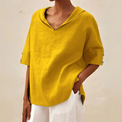 Camisa de Lino de Mujer Momount – Cuello en V con Solapa Oversize de Verano