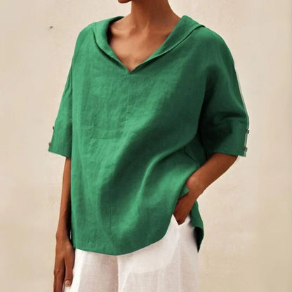 Camisa de Lino de Mujer Momount – Cuello en V con Solapa Oversize de Verano