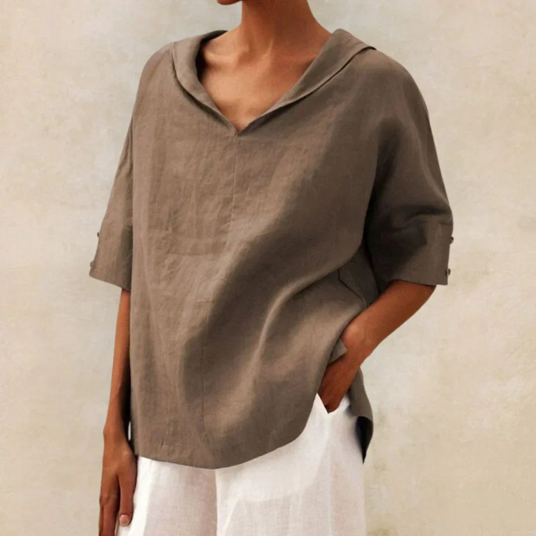 Camisa de Lino de Mujer Momount – Cuello en V con Solapa Oversize de Verano
