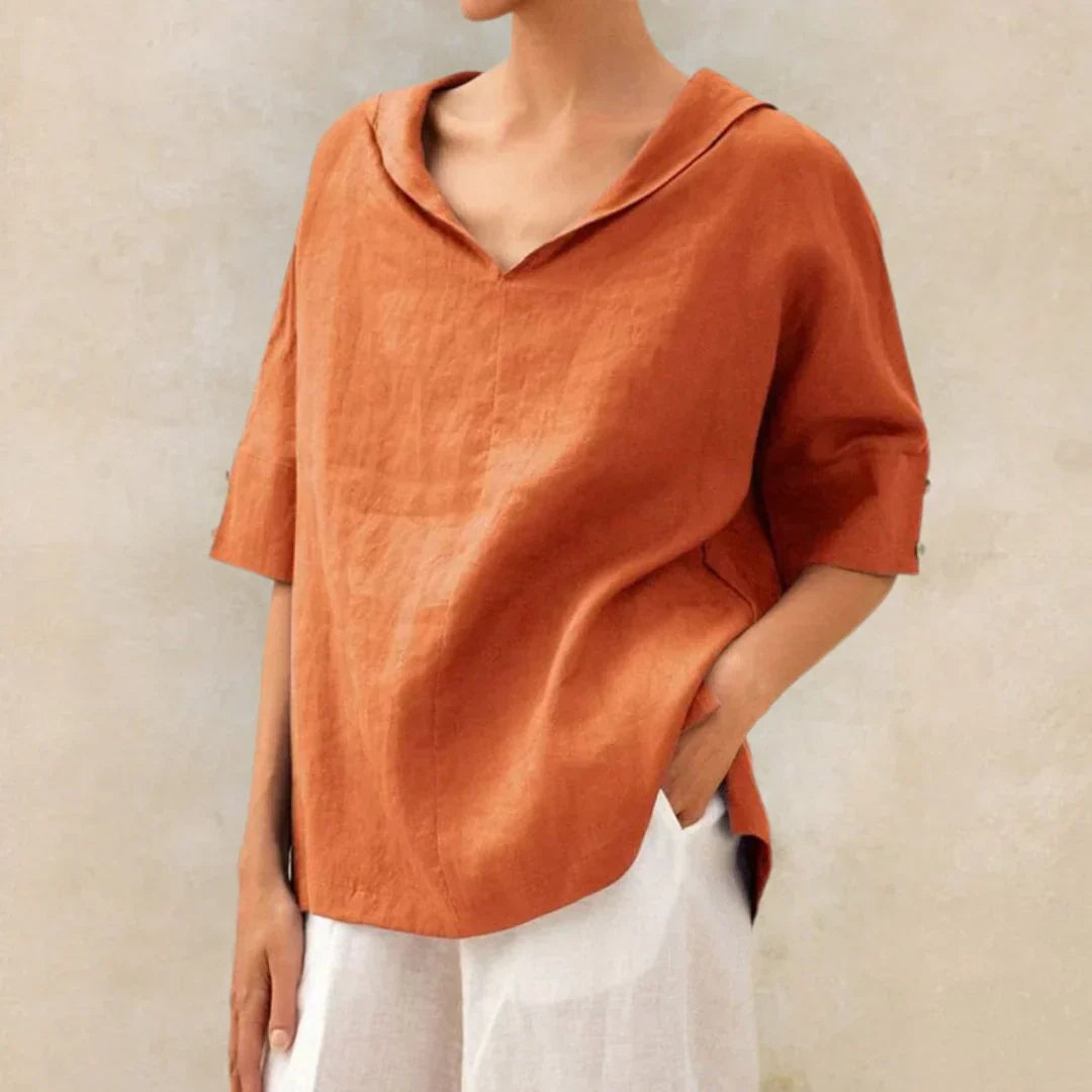 Camisa de Lino de Mujer Momount – Cuello en V con Solapa Oversize de Verano
