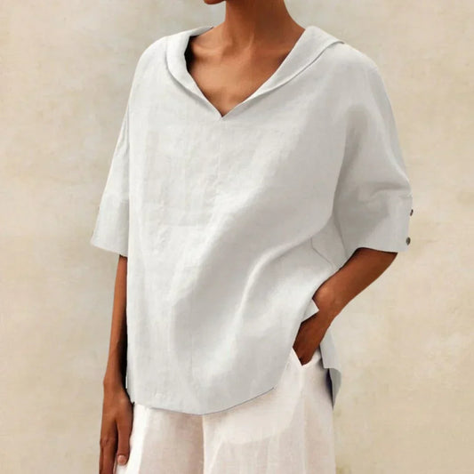 Camisa de Lino de Mujer Momount – Cuello en V con Solapa Oversize de Verano