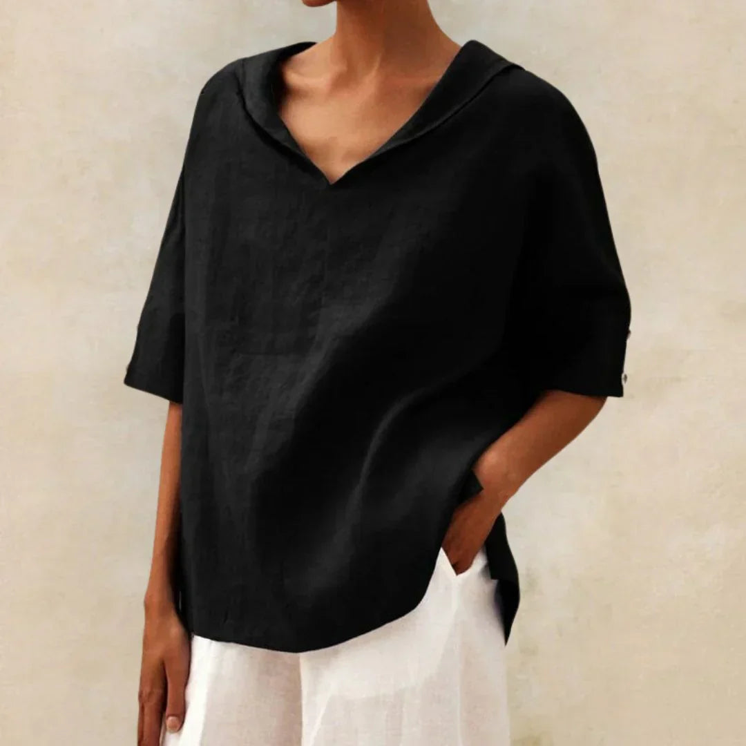 Camisa de Lino de Mujer Momount – Cuello en V con Solapa Oversize de Verano