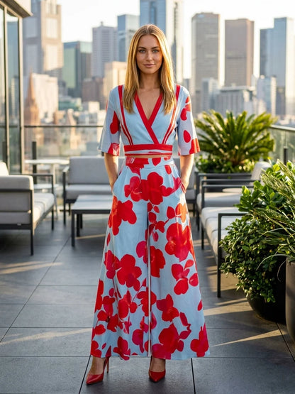 Elena Floral Wrap Maxi Dress | V-Neck, Summer Elegance - Blue & Red - lifestyle_rooftop
