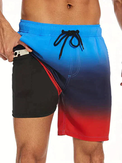 Bañadores de Hombre – Bañador Deportivo Azul Marino con Forro de Compresión y Estampado de Palmeras