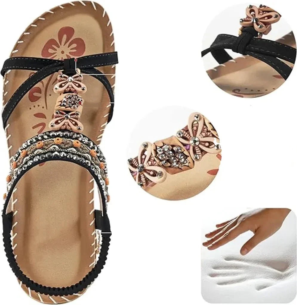 Sandalias Slingback de Mujer – Planas Boho Verde Azulado con Cuentas y Strass