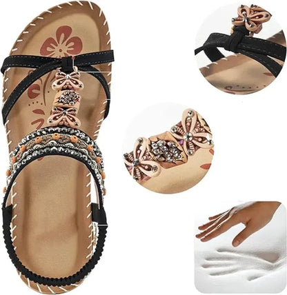 Sandalias Slingback de Mujer – Planas Boho Verde Azulado con Cuentas y Strass