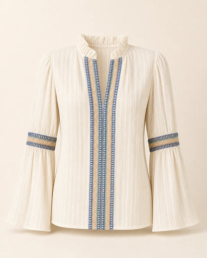 Ivory vintage blouse with embroidered trim, product-only view.