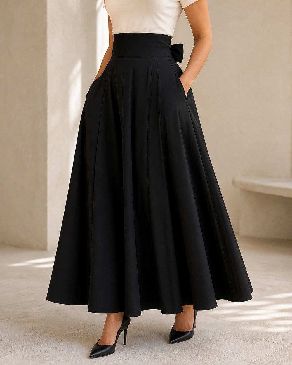 Falda midi de mujer de cintura alta con lazo y bolsillos — image 1