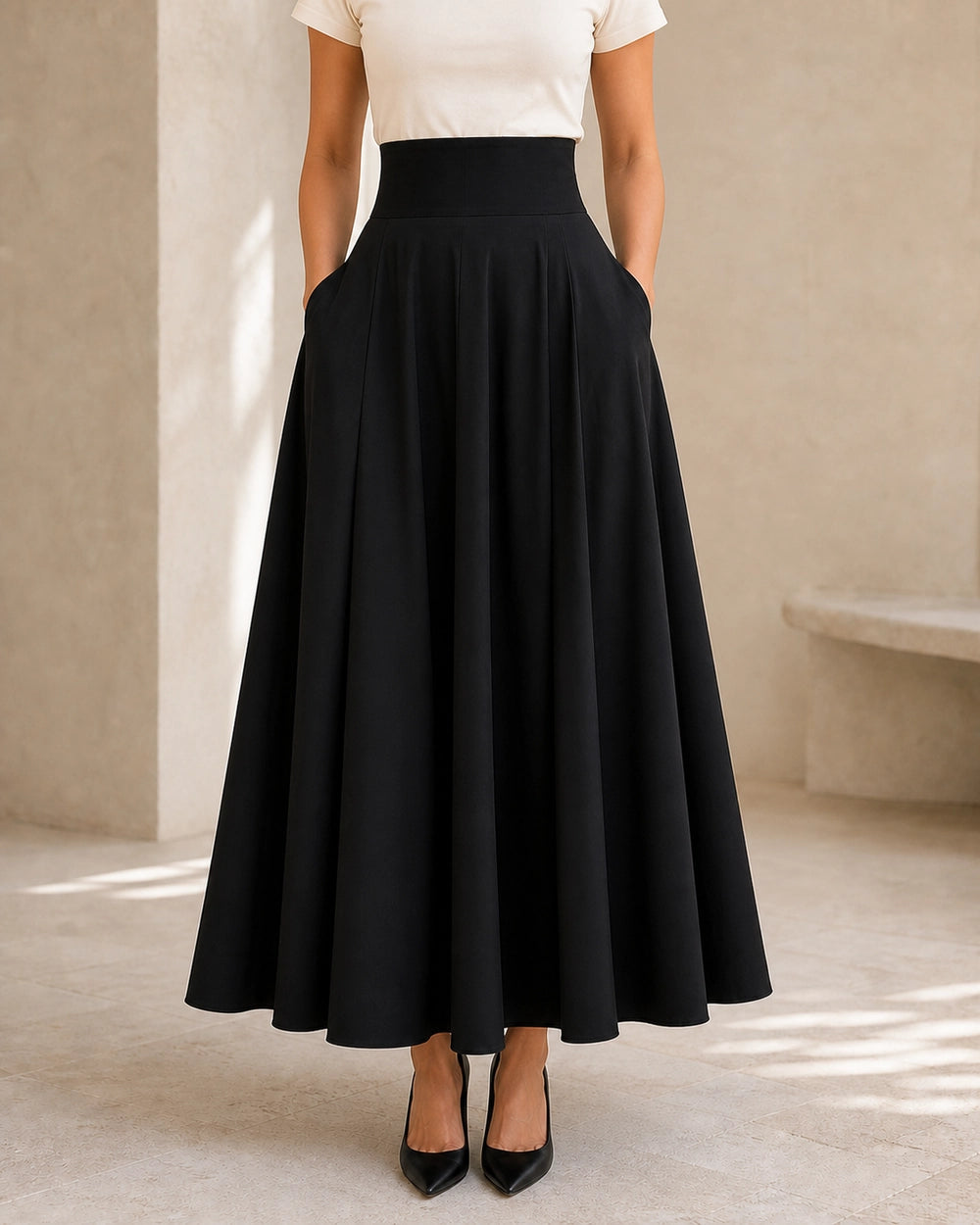 Falda midi de mujer de cintura alta con lazo y bolsillos — image 2
