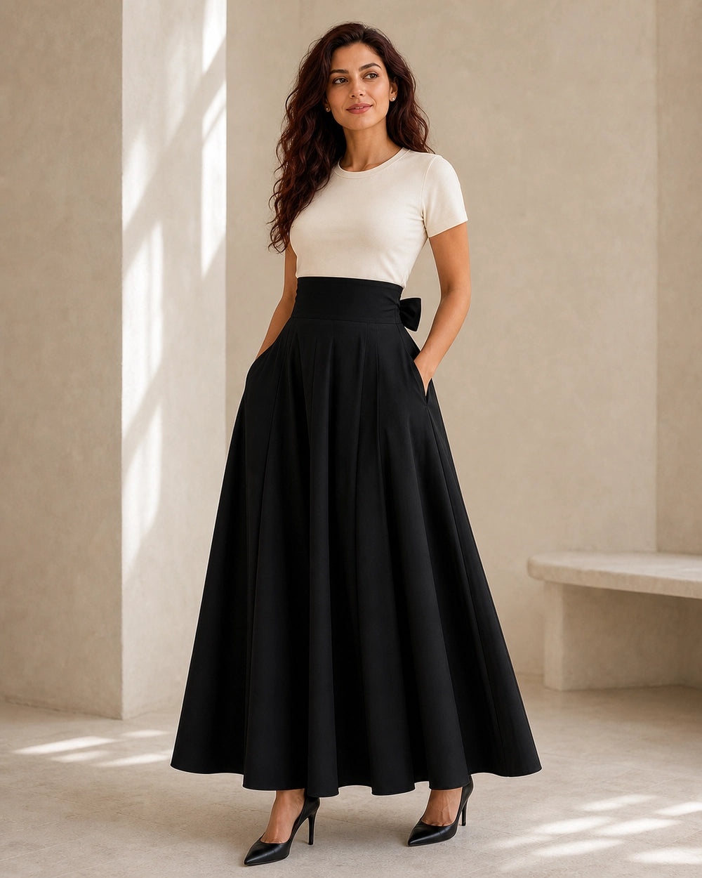 Falda midi de mujer de cintura alta con lazo y bolsillos — image 3