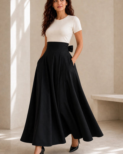 Falda midi de mujer de cintura alta con lazo y bolsillos — image 6