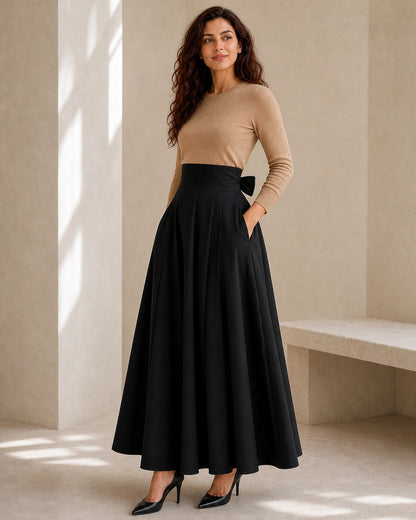 Falda midi de mujer de cintura alta con lazo y bolsillos — image 7