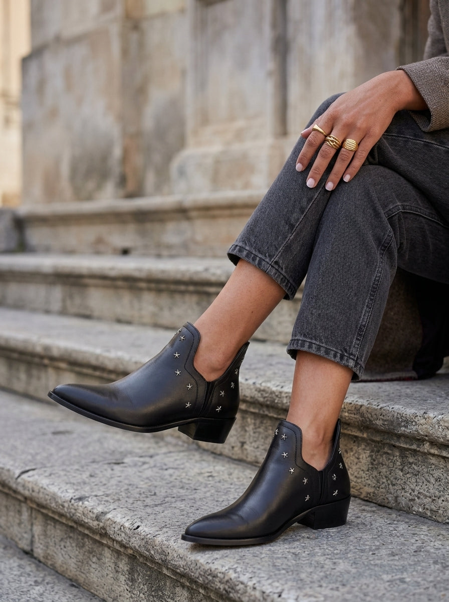 Women's Studded Ankle Boots – Slip-On Block Heel Side Studs