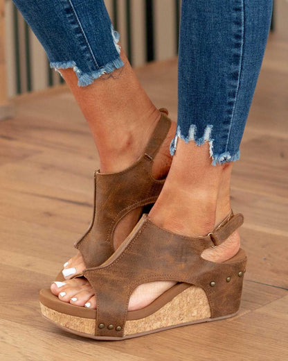 Sandalias de Cuña de Mujer – Cuero Envejecido Plataforma Corcho Slingback