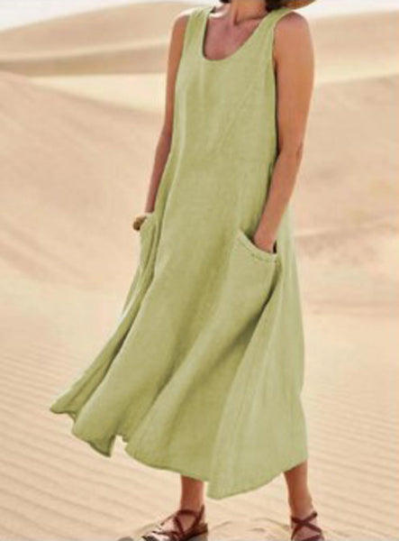 Melisande | Vestido Largo de Lino con Cuello Redondo – Vaporoso y Elegante