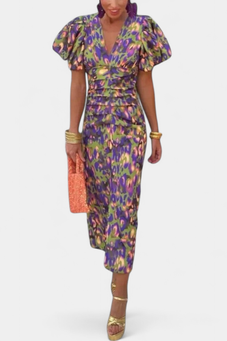Mira Bold Print Dress | Puff Sleeves, Ruched Waist