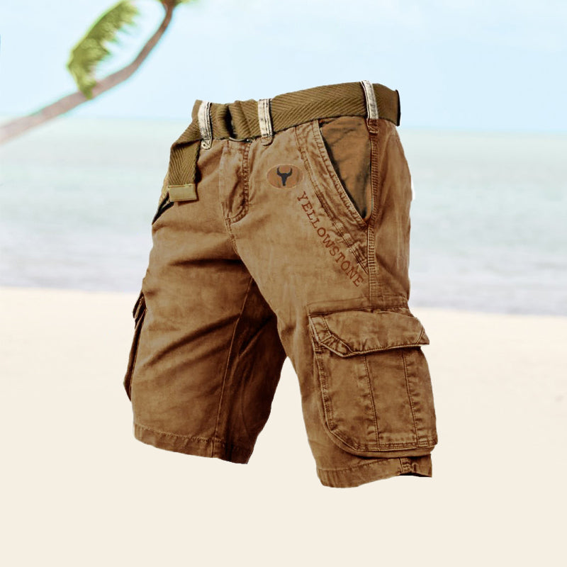 Pantalones Cargo de Hombre – Pantalón Corto de Algodón Lavado Vintage con Cinturón