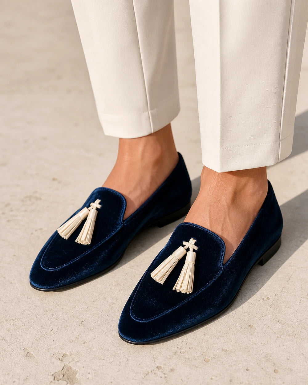 Mocasines azules de textura aterciopelada y borlas — Imagen del producto 1