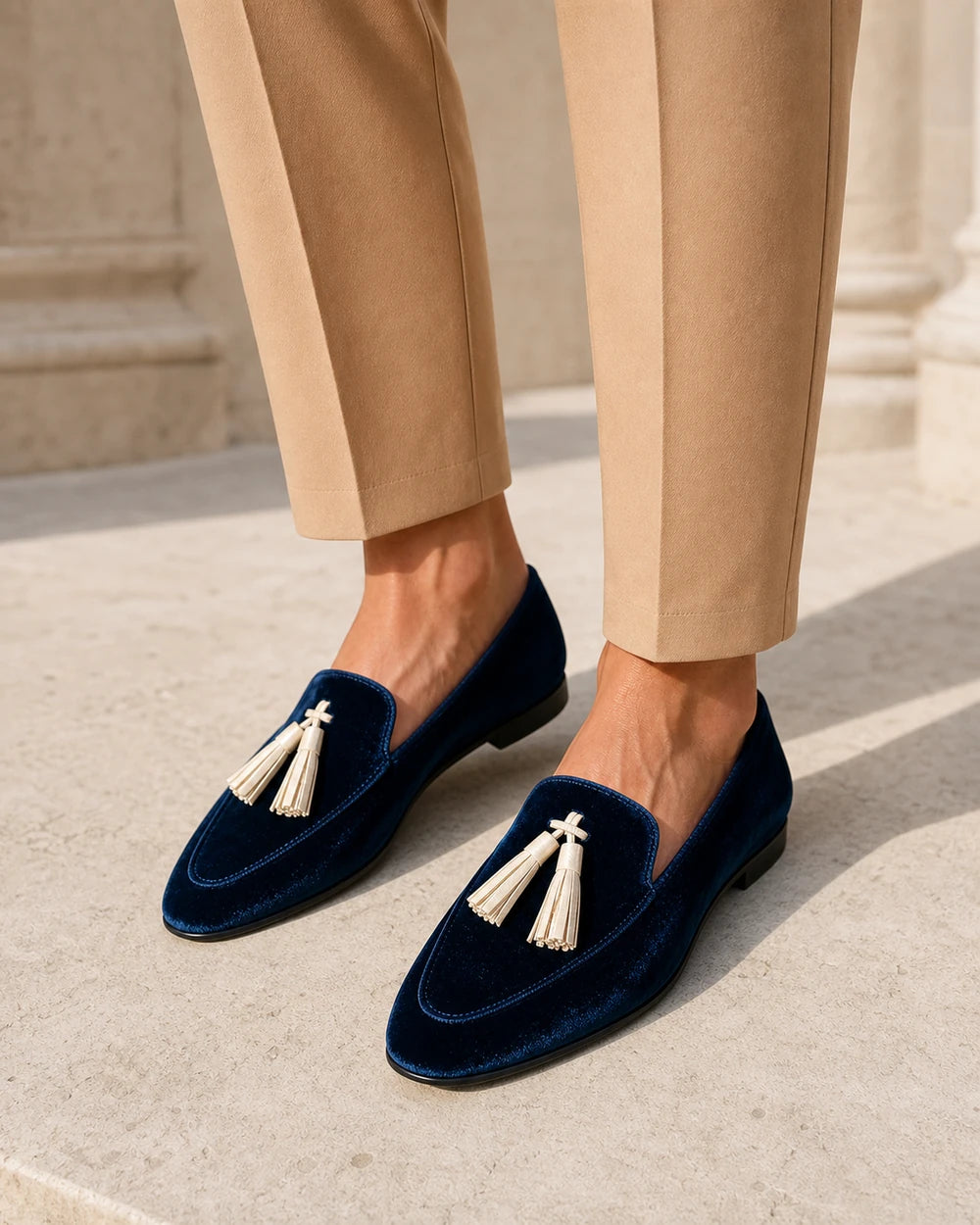 Mocasines azules de textura aterciopelada y borlas — Imagen del producto 2