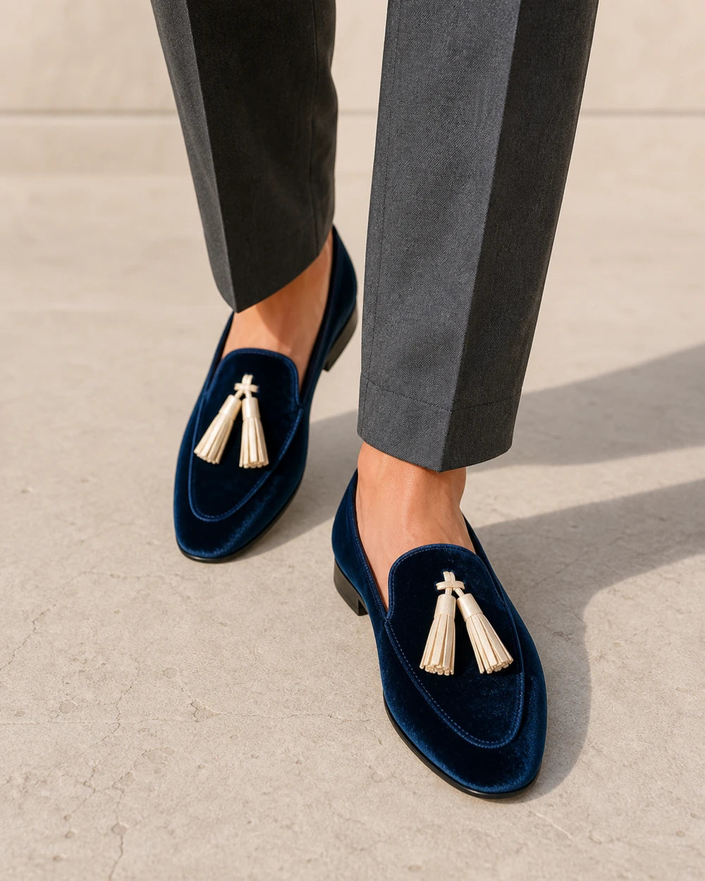 Mocasines azules de textura aterciopelada y borlas — Imagen del producto 7