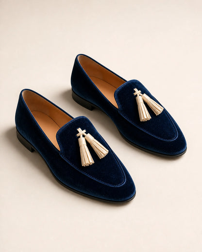 Mocasines azules de textura aterciopelada y borlas — Imagen del producto 9