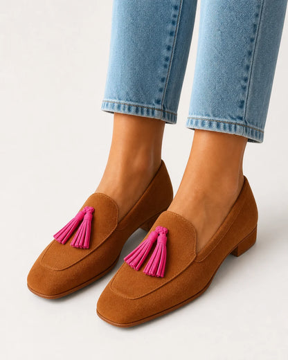 Mocasines color coñac con borlas rosas — Imagen del producto 1