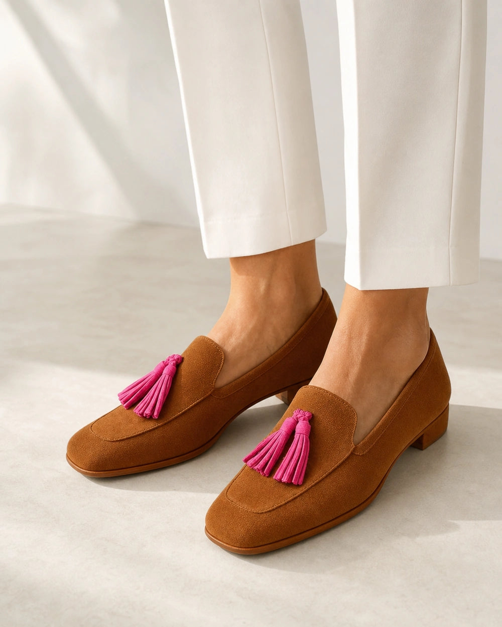 Mocasines color coñac con borlas rosas — Imagen del producto 8