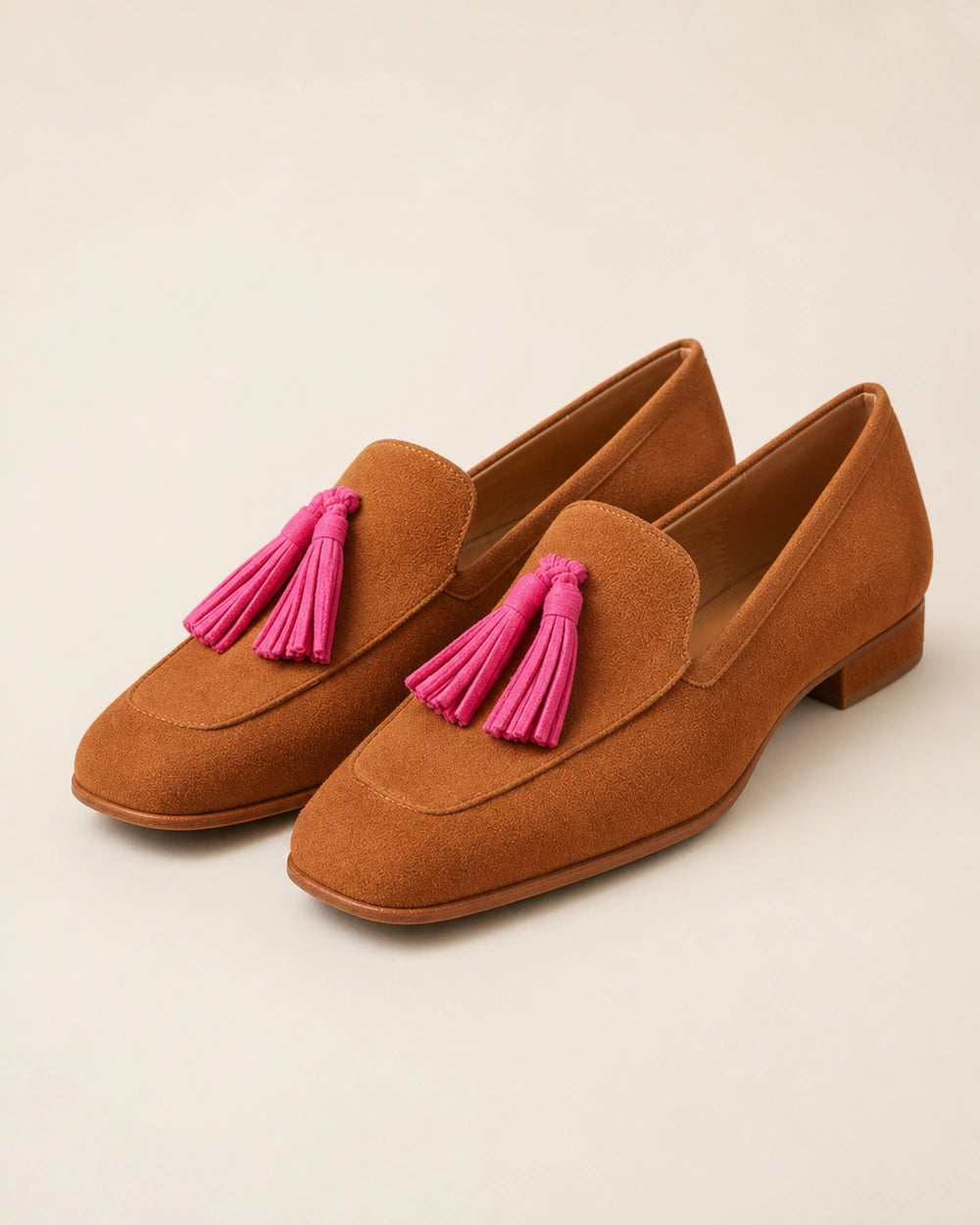Mocasines color coñac con borlas rosas — Imagen del producto 9