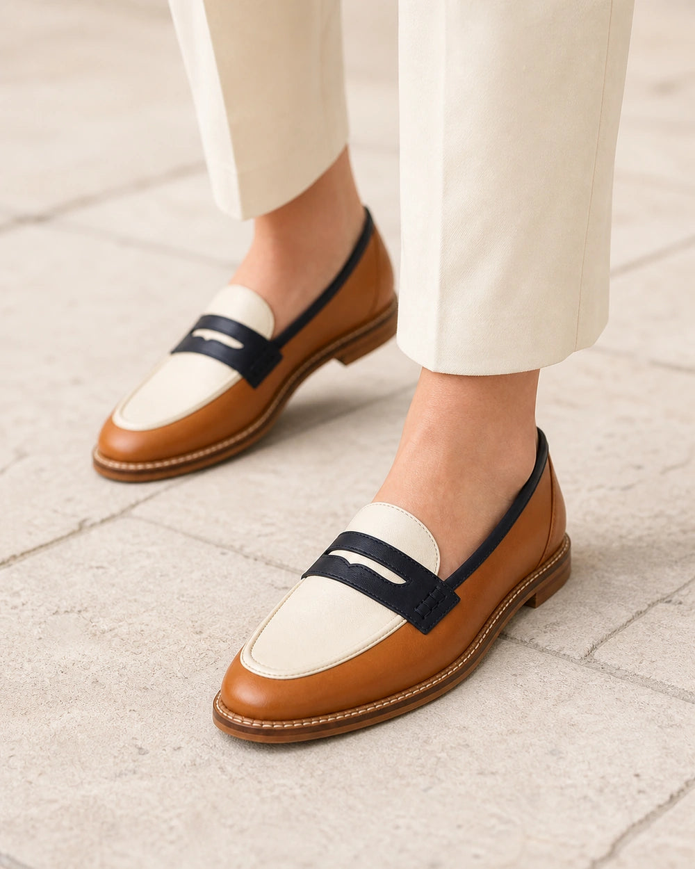 Mocasines marrón y crema de punta redonda — Imagen del producto 7