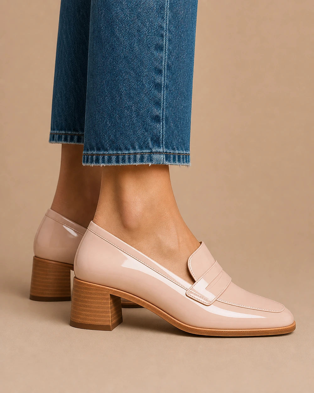 Mocasines rosa empolvado brillantes con tacón bajo — Imagen del producto 4