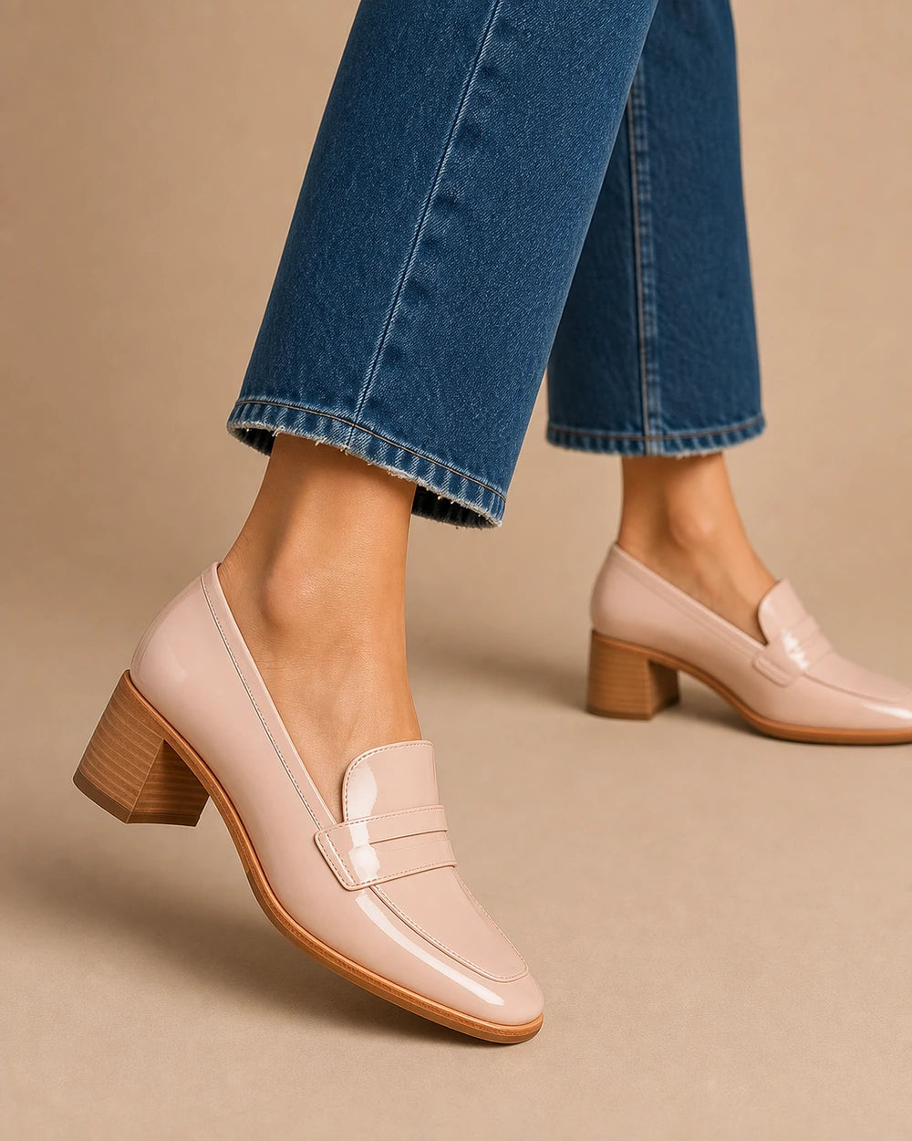 Mocasines rosa empolvado brillantes con tacón bajo — Imagen del producto 7