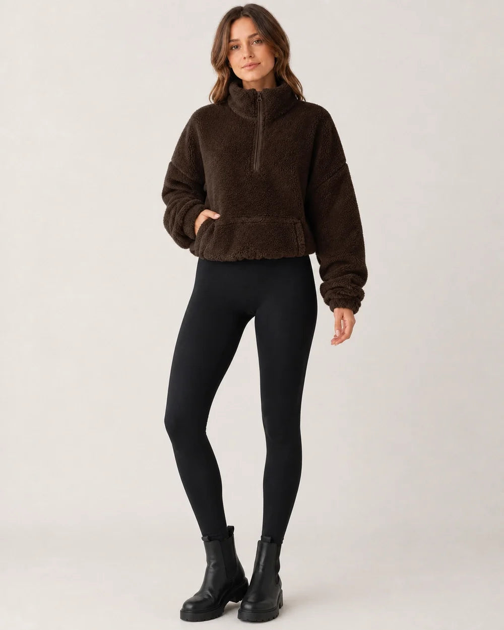 Women's coffee plush half-zip pullover, full-length view