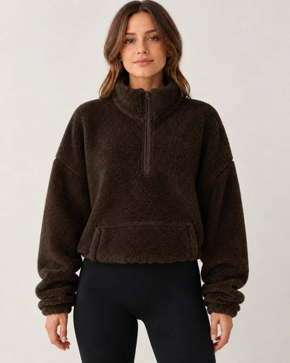 Women's coffee plush half-zip pullover, straight front view