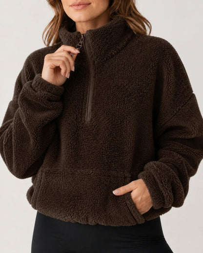 Women's coffee plush half-zip pullover, zipper and fleece detail