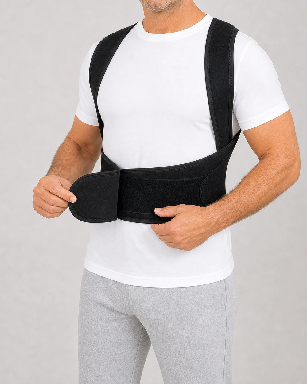 Corrector de espalda y postura con faja lumbar ajustable y tirantes cruzados – Cierre frontal
