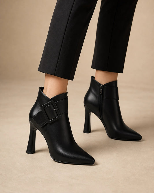 Women's pointed-toe buckle ankle boots, black gallery view. — momount-clara-black-buckle-boots-01.webp